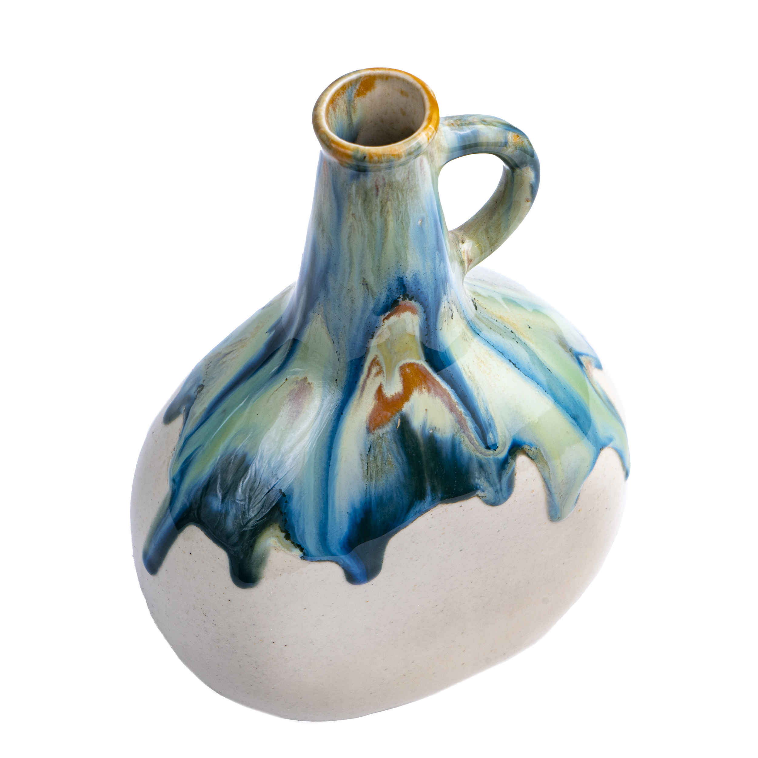 فازة برعم خزفية مصنوعة يدويًا بتصميم طلاء متساقط ومقبض، مثالية لغرفة المعيشة