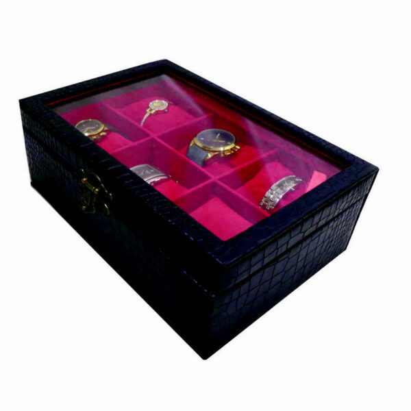 صندوق ساعات خشبي بغطاء جلدي - 6 فتحات