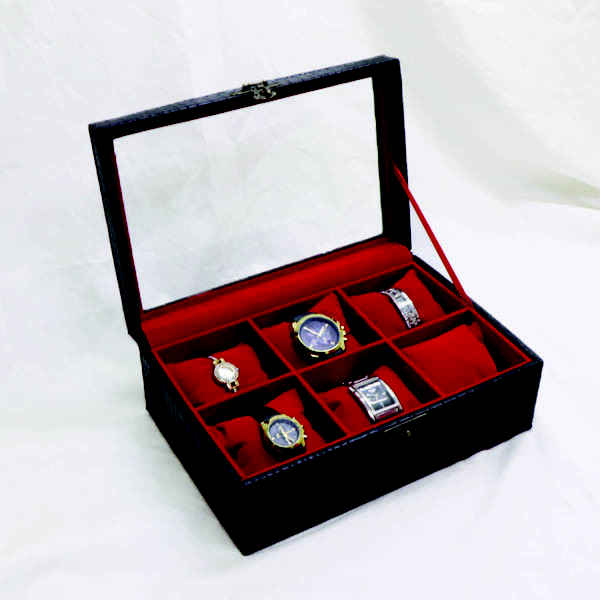 صندوق ساعات خشبي بغطاء جلدي – 6 فتحات