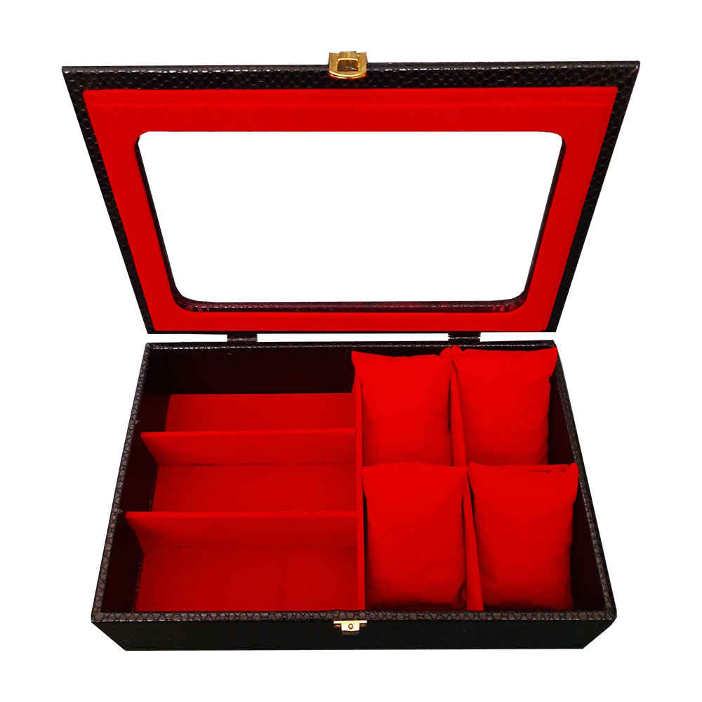 صندوق ساعات جلدي مع قسم للنظارات وبطانة من السويد