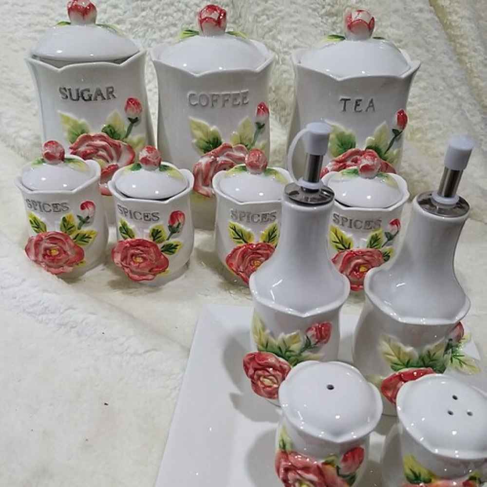 جرة تخزين مطبخ خزفية – تخزين أنيق للقهوة والشاي والمزيد، مزخرف جول برجسته