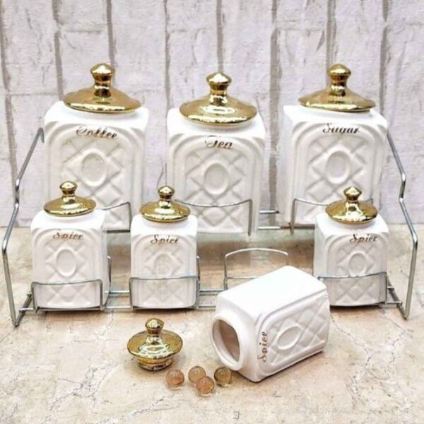 جرة تخزين مطبخ خزفية - تخزين أنيق للقهوة والشاي والمزيد، مزخرف بغطاء ذهبي