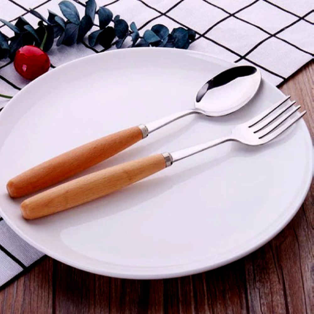 مجموعة ملاعق وشوك من أدوات المائدة متوافقة مع غسالة الصحون بمقبض خشبي – 12 قطعة