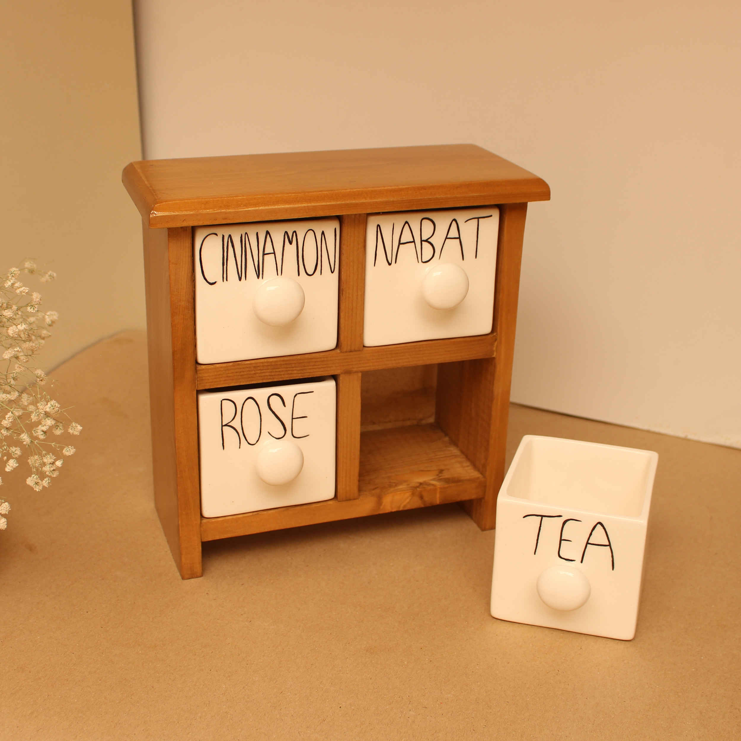 الصندوق اليدوي المصنوع من 4 أدراج سيراميكية مع صندوق خشبي