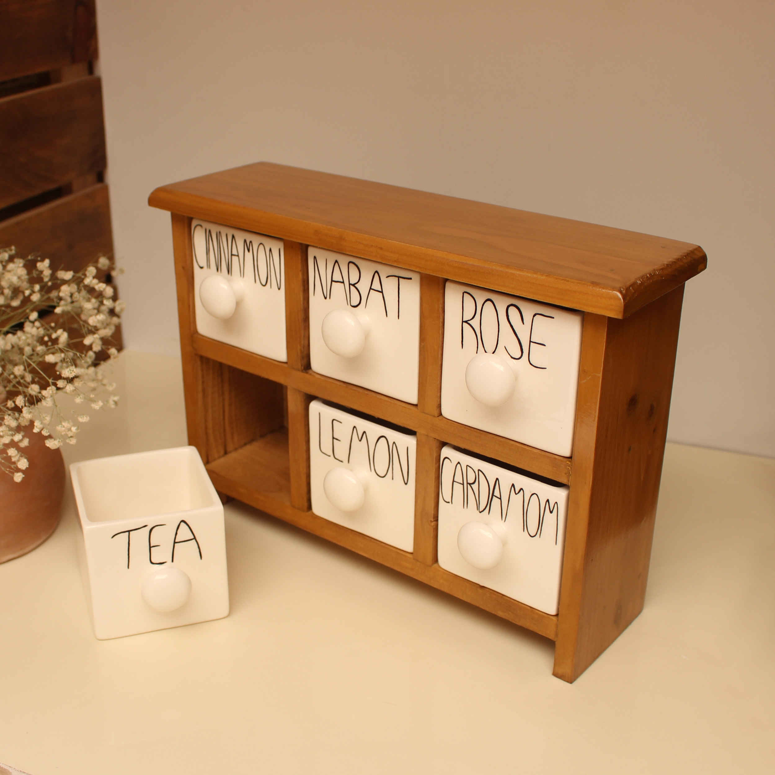 الصندوق اليدوي المصنوع من 6 أدراج سيراميكية مع صندوق خشبي