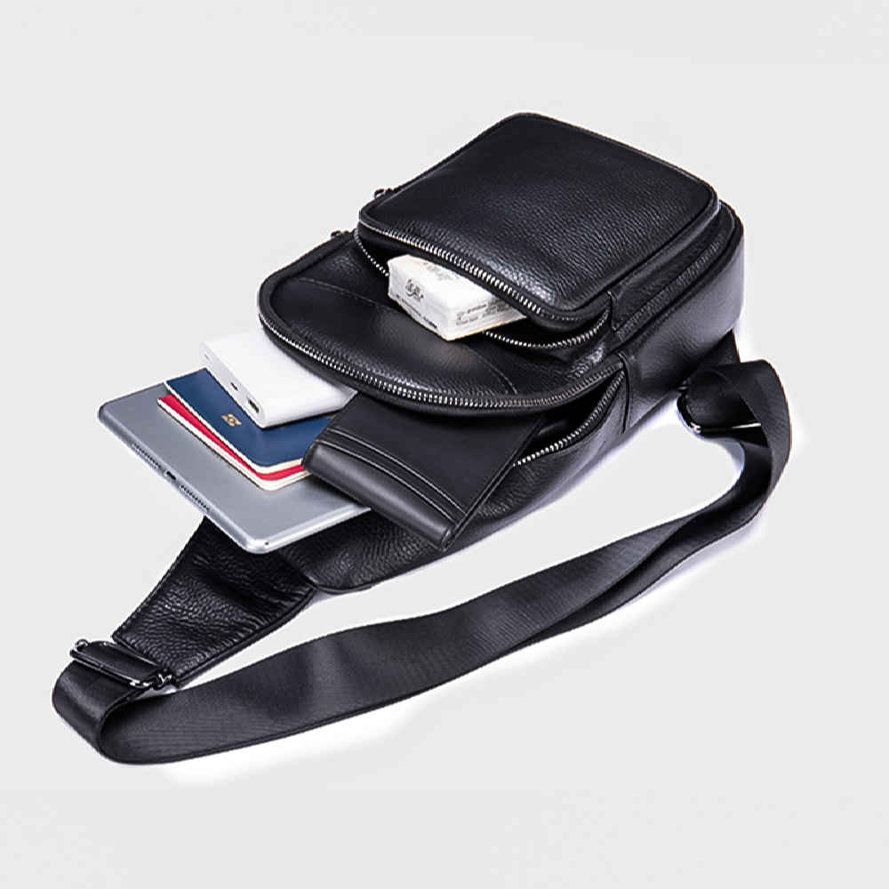 حقيبة كتف سحابية جلدية للرجال والنساء باللون الأسود