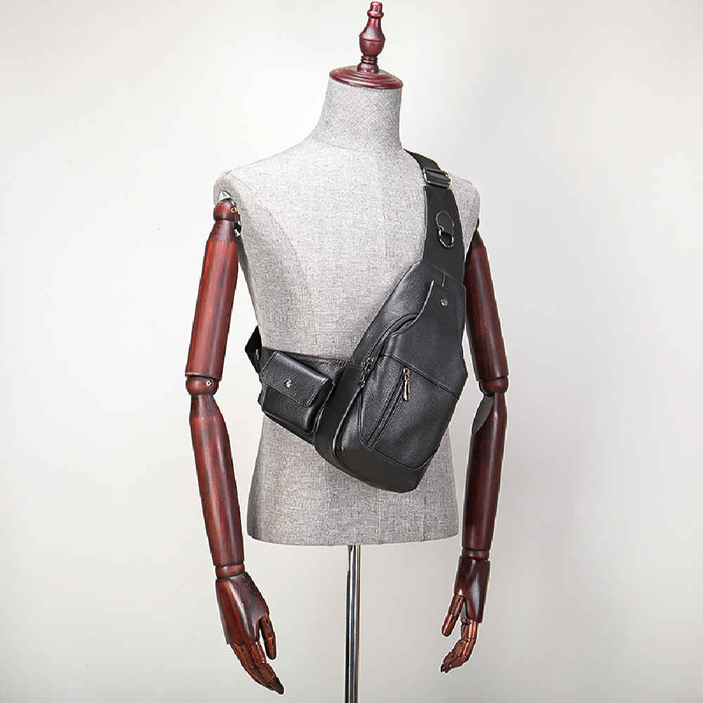 حقيبة كتف سحابية جلدية للرجال والنساء مع جيوب جانبية