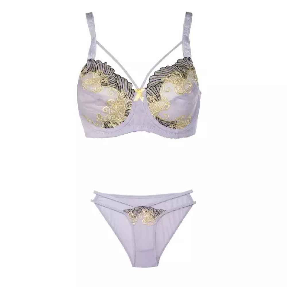 مجموعة ملابس داخلية حمالة صدر وثونغ دانتيل مطرزة مع حزام قابل للتعديل
