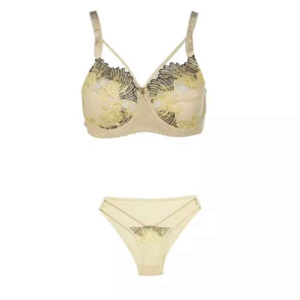 مجموعة ملابس داخلية حمالة صدر وثونغ دانتيل مطرزة مع حزام قابل للتعديل