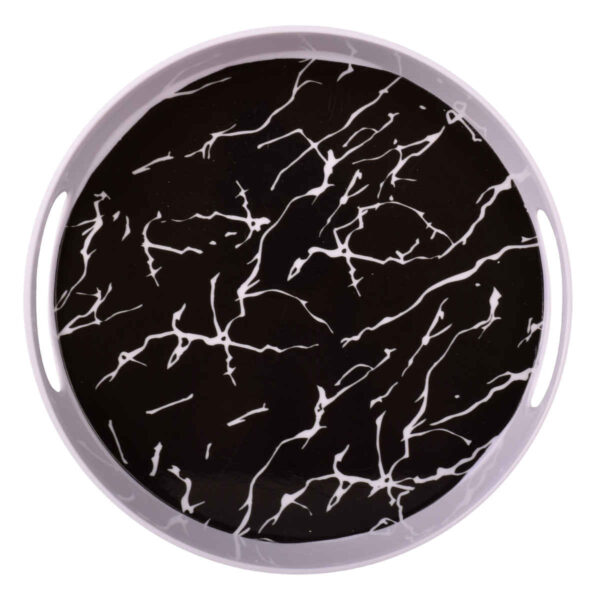 صينية ميلامين شكل دائري مع مقبض وتصميم رخام أسود