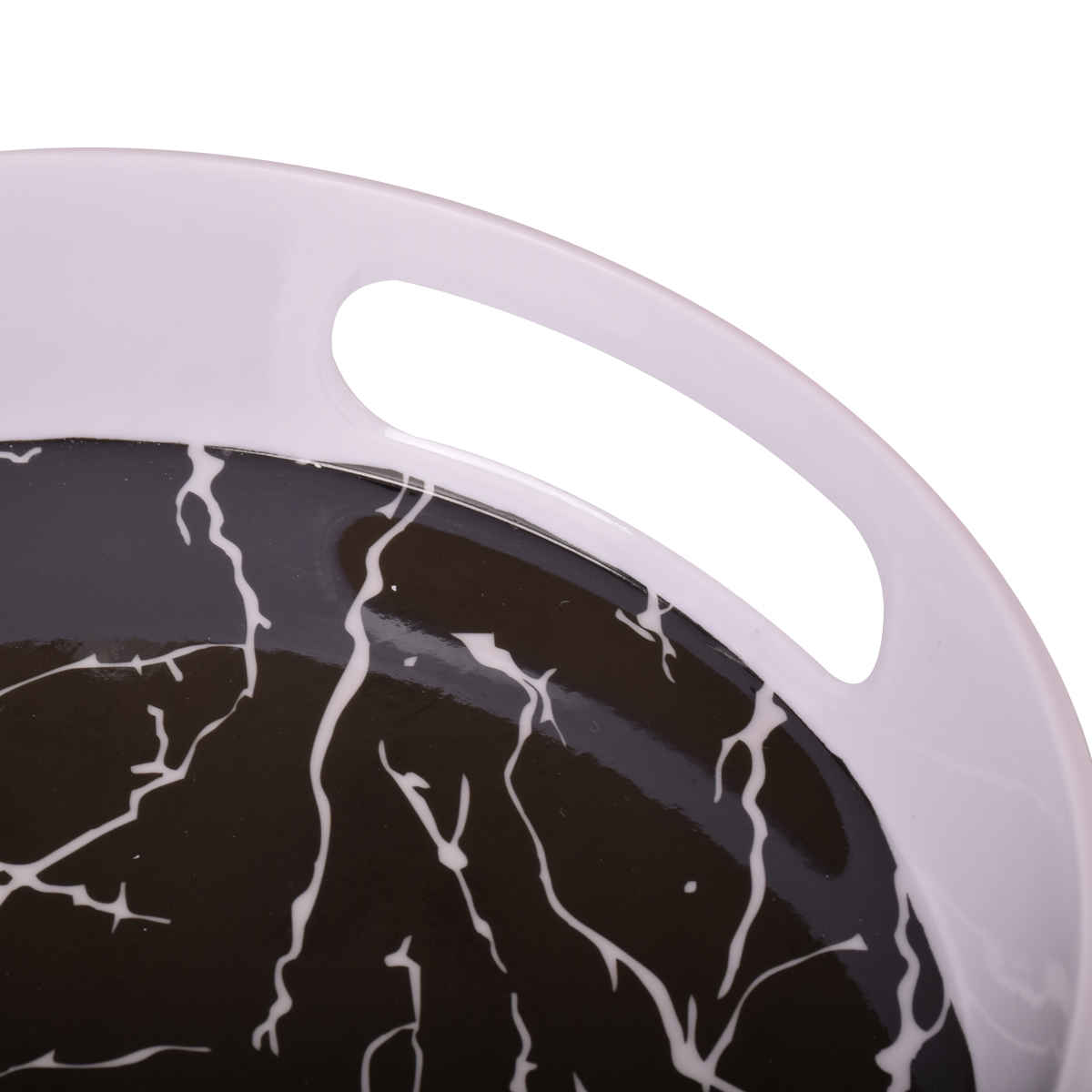 صينية ميلامين شكل دائري مع مقبض وتصميم رخام أسود