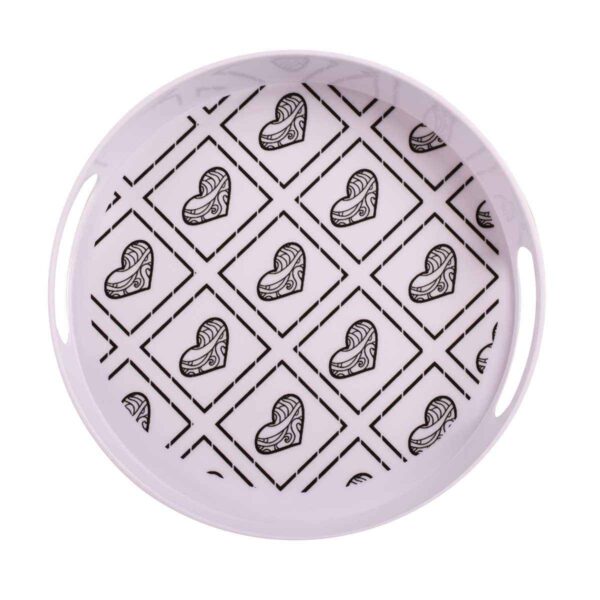 صينية ميلامين شكل دائري مع مقبض وتصميم قلب