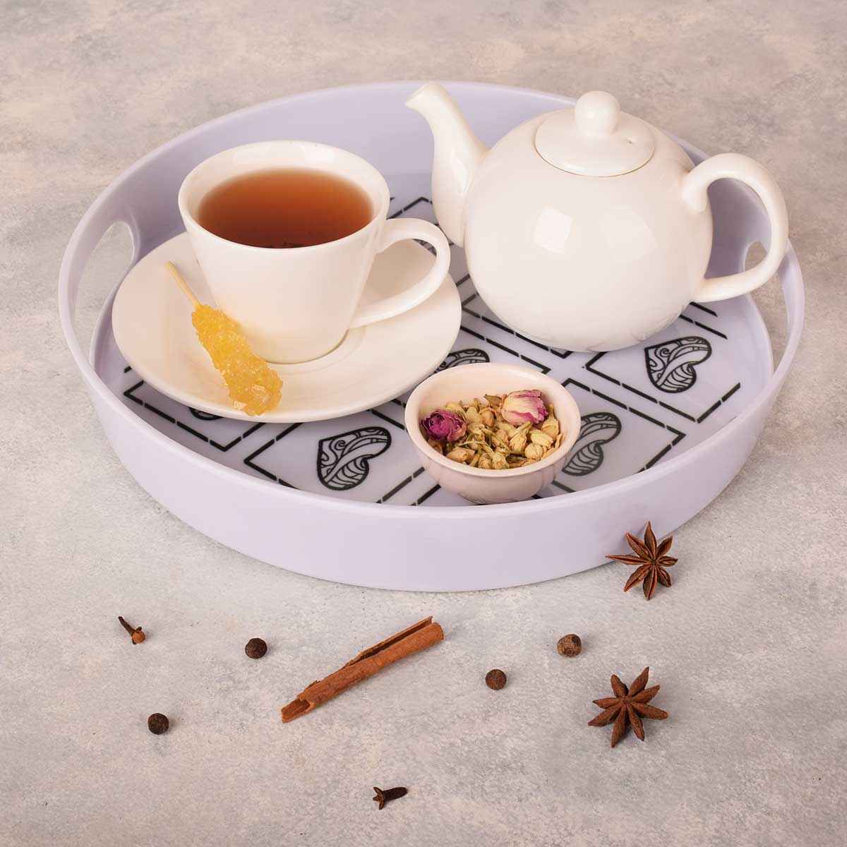 صينية ميلامين شكل دائري مع مقبض وتصميم قلب