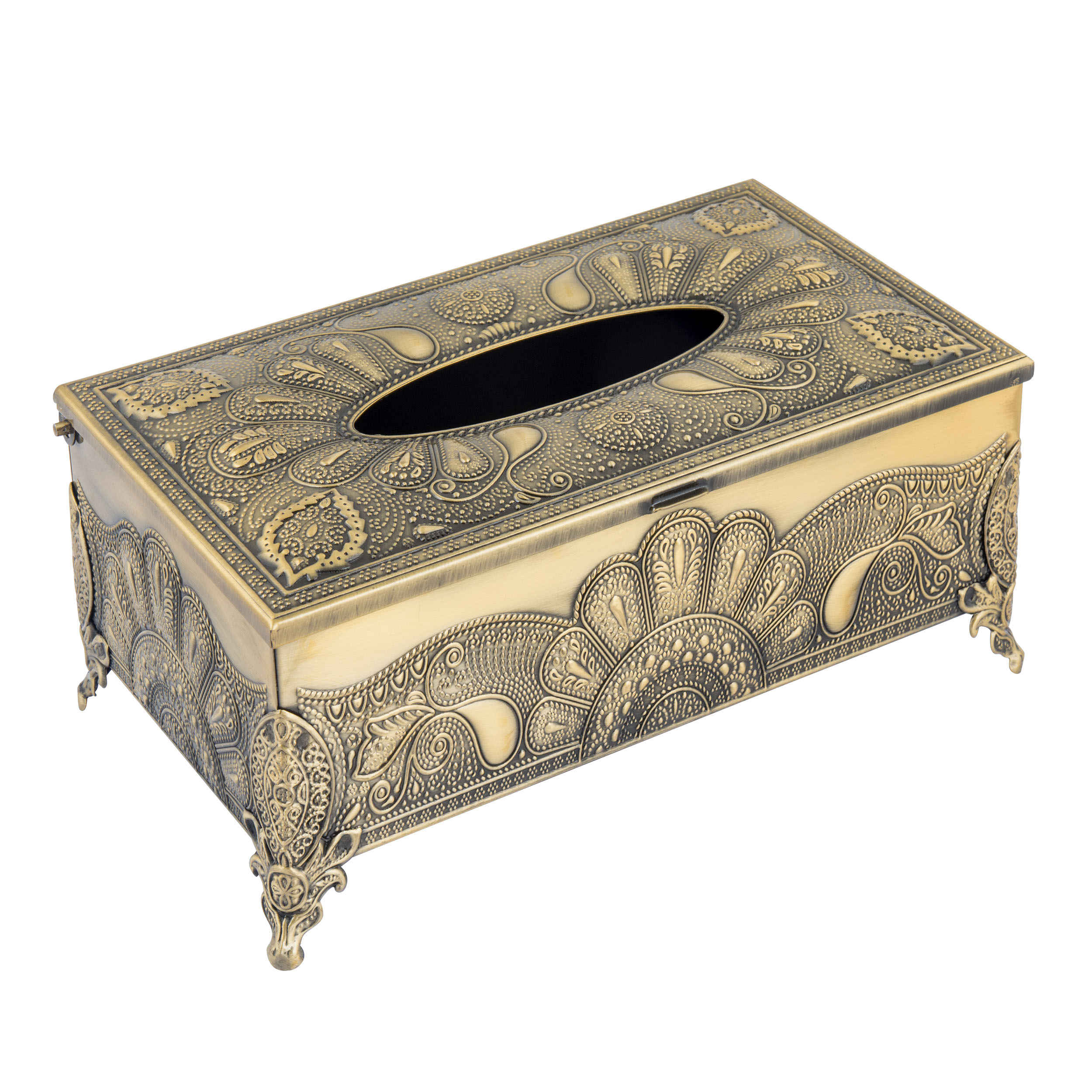 مجموعة سلة مهملات وصندوق مناديل معدني – نمط طاووس