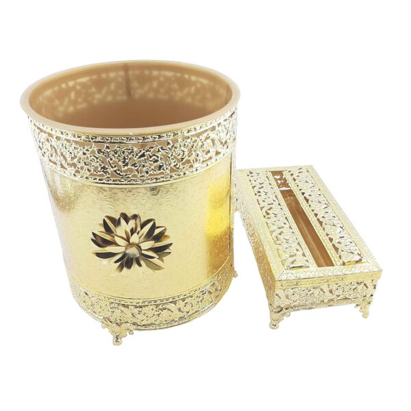 مجموعة سلة مهملات وصندوق مناديل معدني – ثلاثة ألوان فاخرة