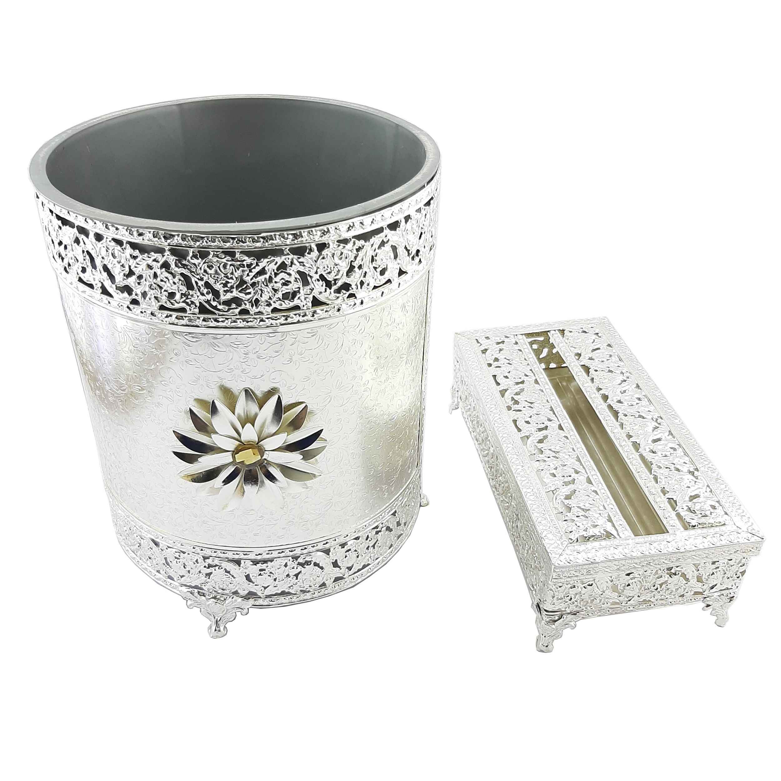 مجموعة سلة مهملات وصندوق مناديل معدني – ثلاثة ألوان فاخرة