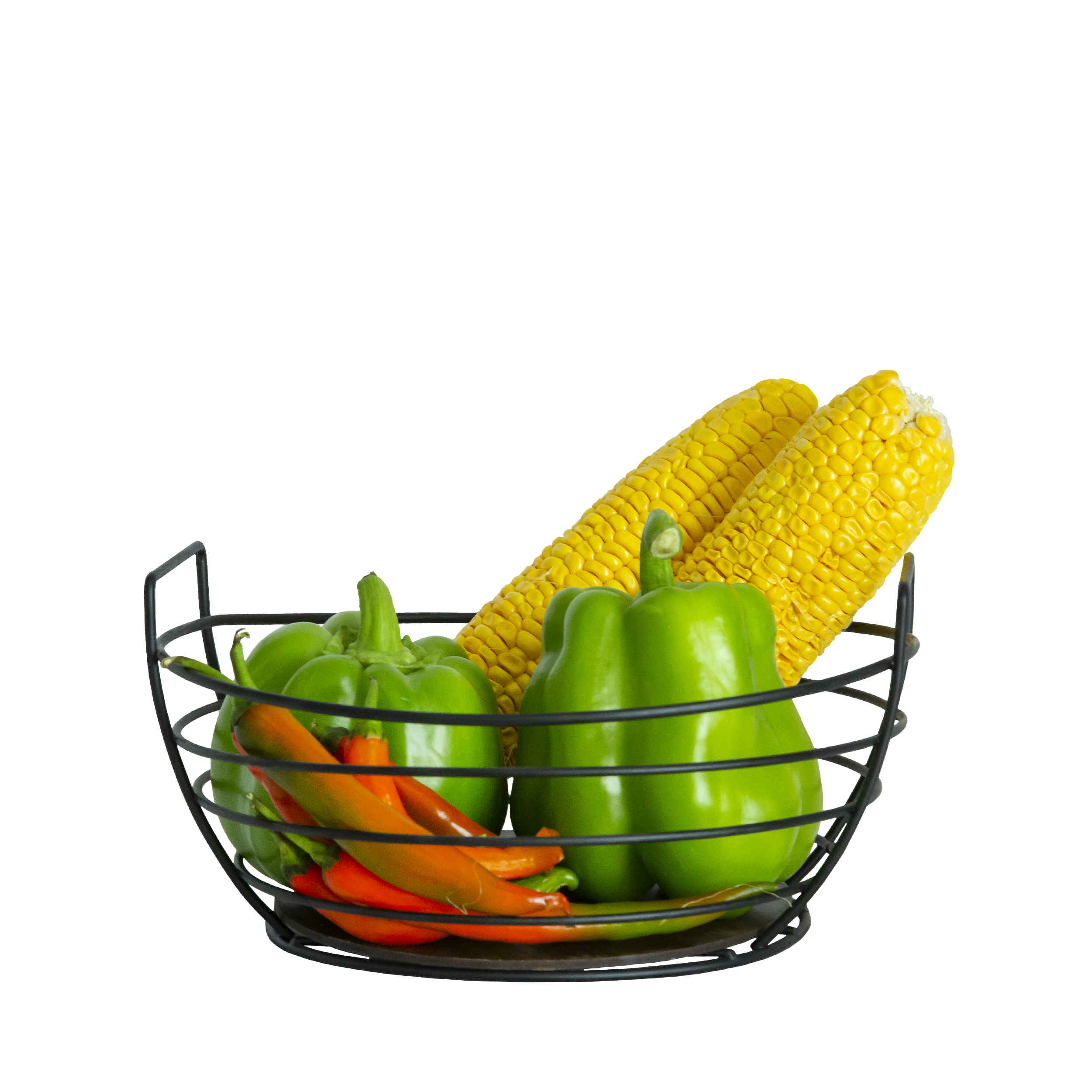 سلة فاكهة سلكية معدنية بشكل بيضاوي مع قاعدة خشبية