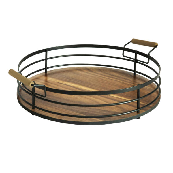 سلة فاكهة سلكية معدنية بشكل دائري مع مقبض خشبي