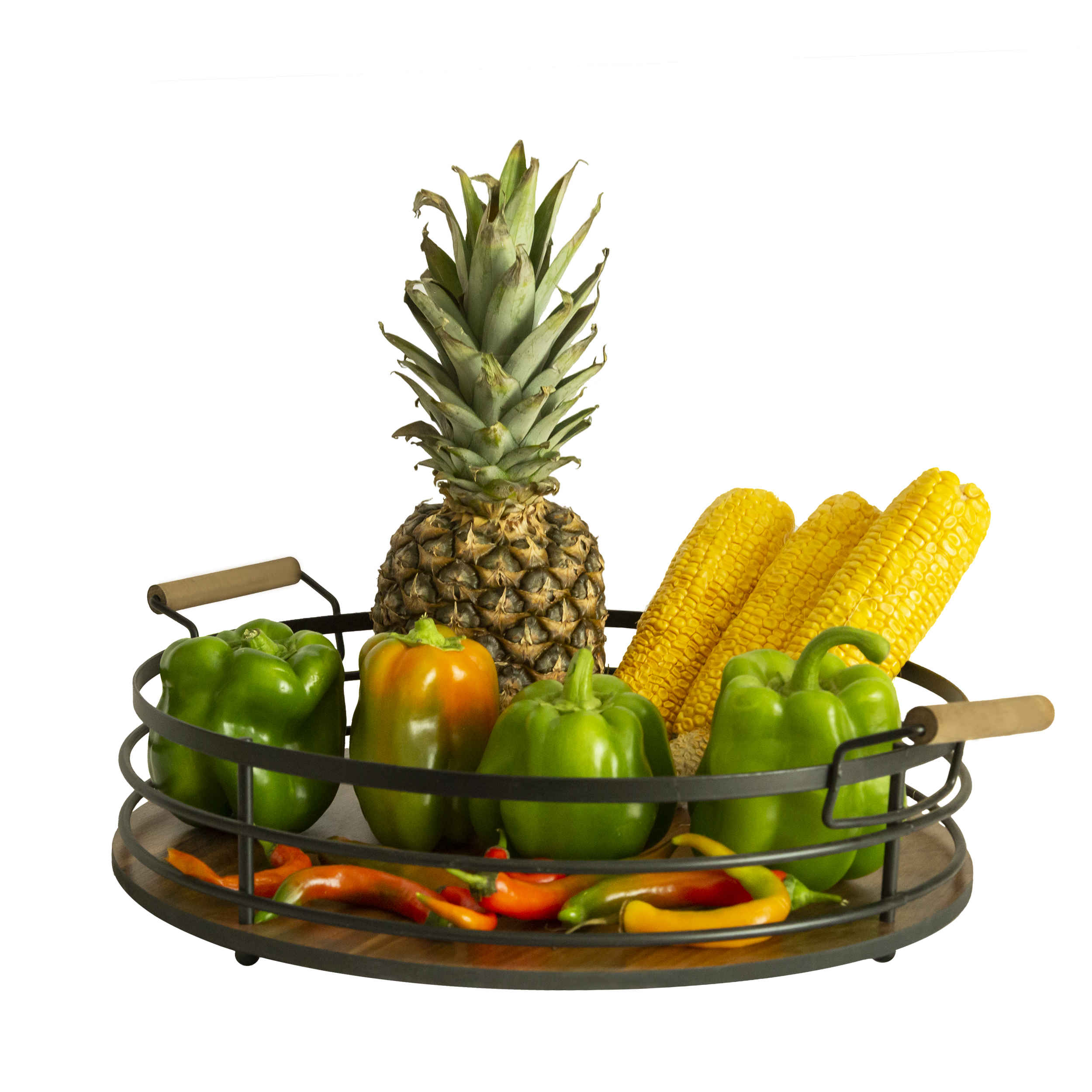 سلة فاكهة سلكية معدنية بشكل دائري مع مقبض خشبي