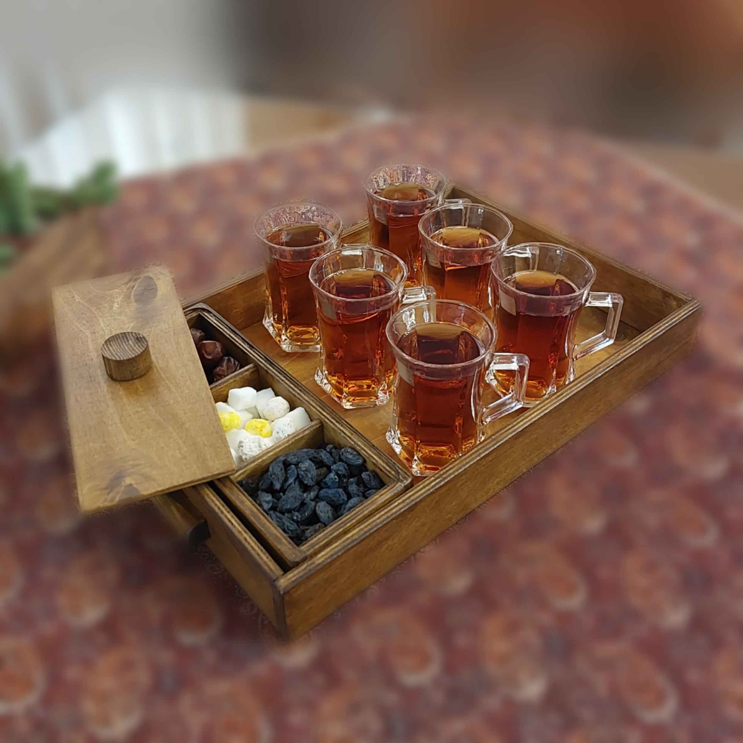صينية خشبية مع وعاء سكر بثلاثة أقسام ومقبض – لتقديم الشاي أو الحلويات