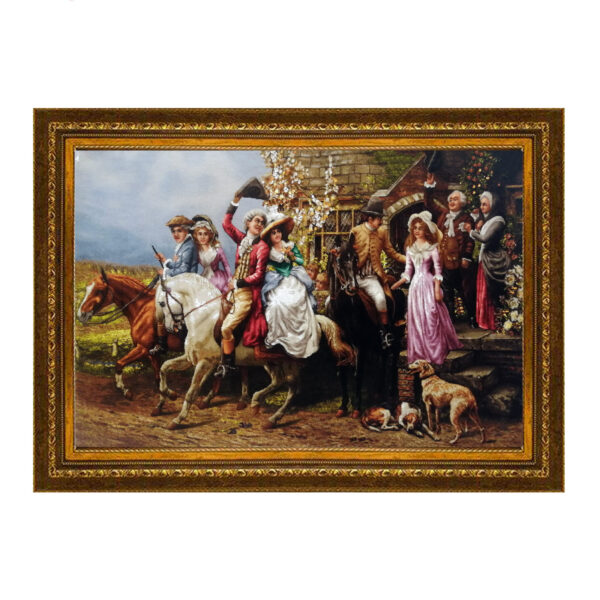 سجادة إيرانية تصويرية محبوكة يدويًا من تبريز تصور "البنت وحبيبها" لألفريد ويليام سترات