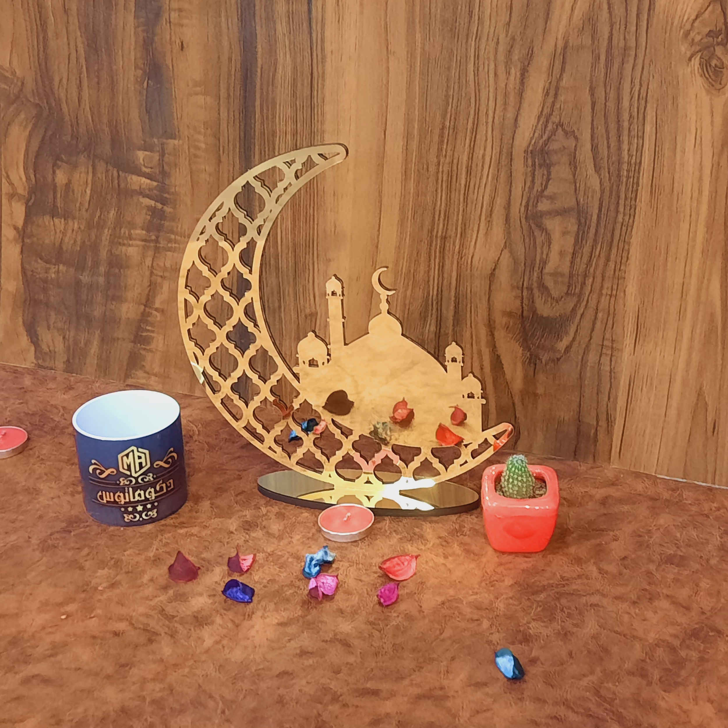 حامل شموع أكريليك لسطح الطاولة بتصميم رمضان وهلال القمر