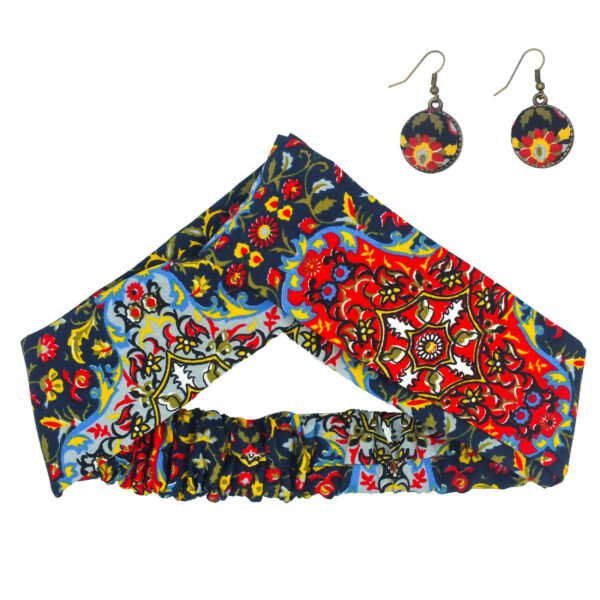 طقم شريط رأس متقاطع مزخرف بالورود بأسلوب تقليدي وأقراط للنساء