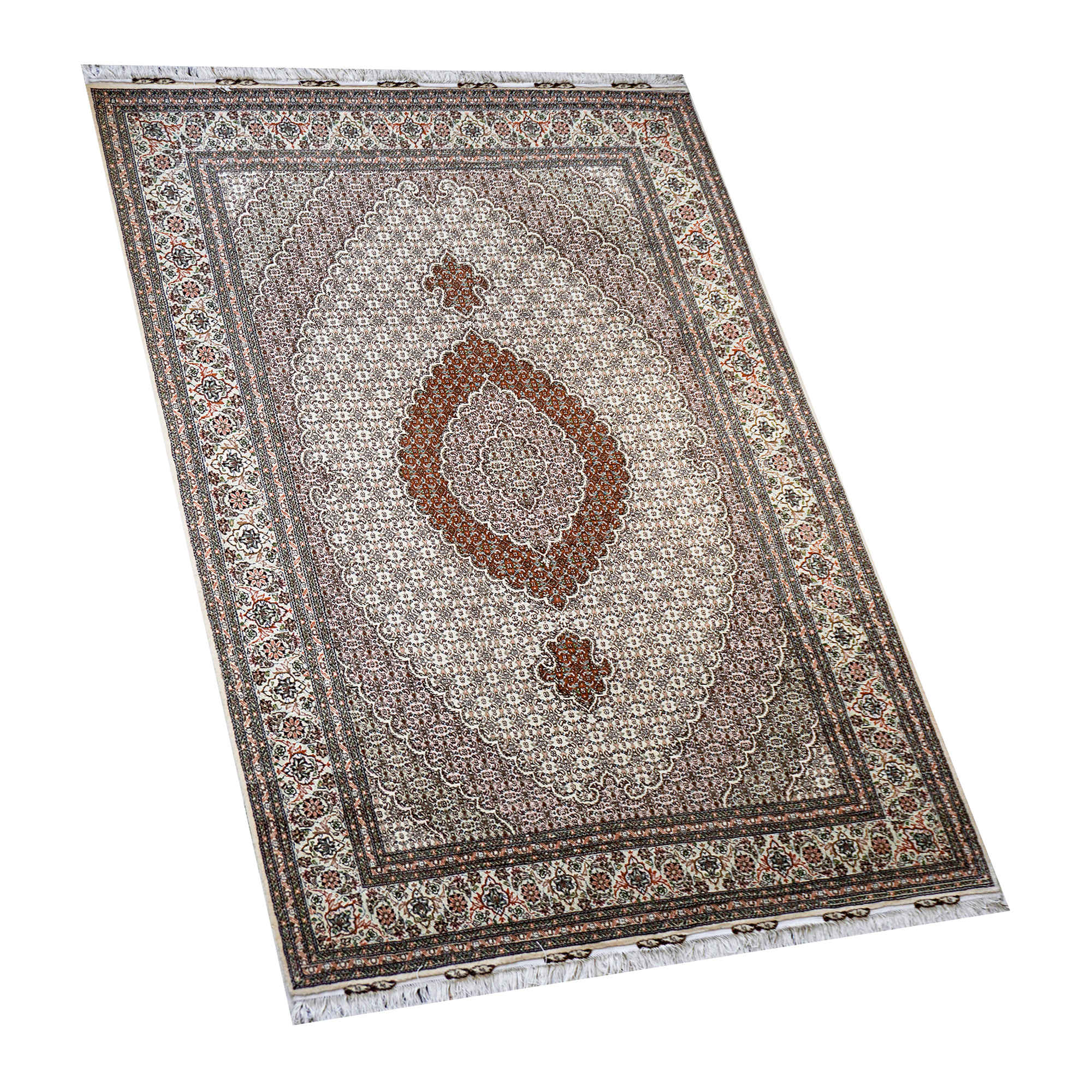 سجادة صوف إيرانية أصلية معقودة يدويًا بتصميم ريز ماهي بلون البني – خوي