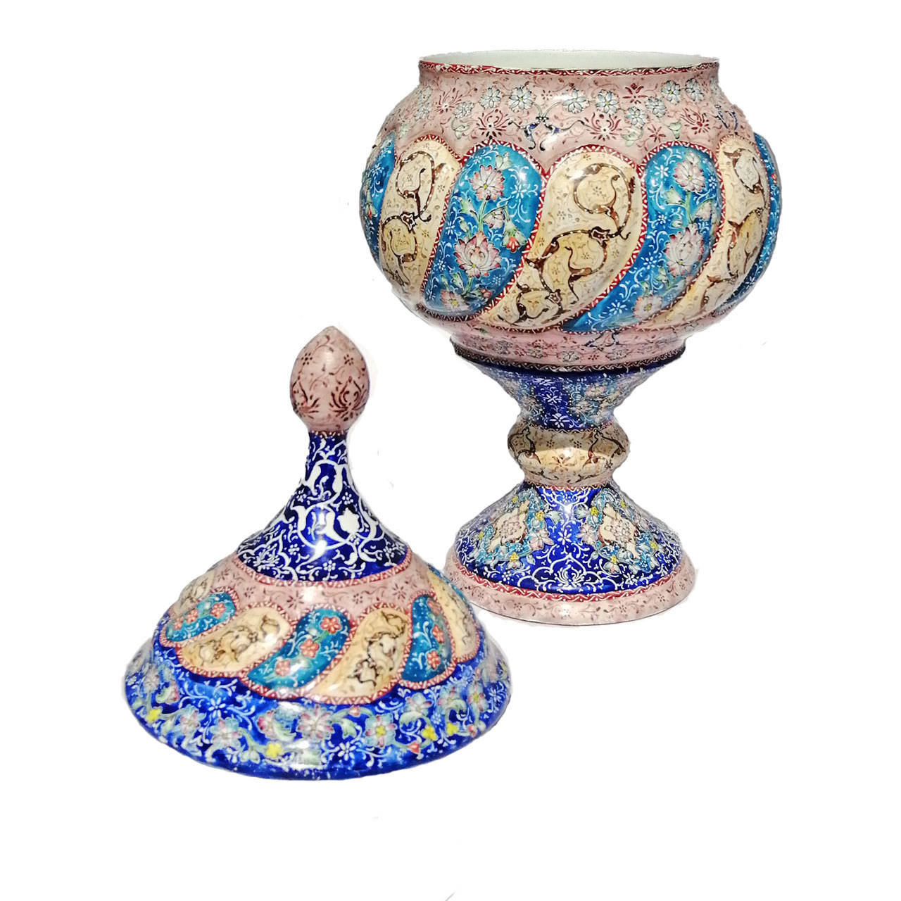 وعاء سكر إيراني نحاسي مصنوع يدويًا بغطاء – ميناكاري موج