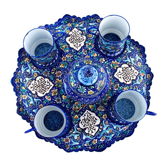 مجموعة شاي وقهوة إيرانية من النحاس المصاغ يدويًا – مطلي بالميناكاري الأزرق