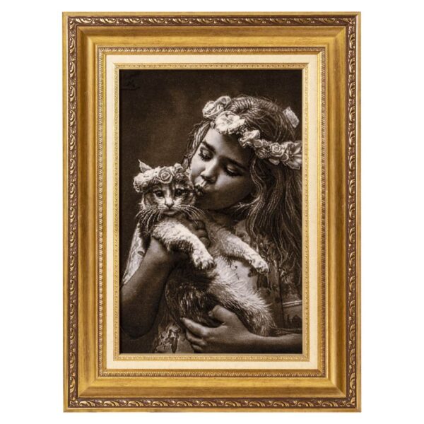 سجادة إيرانية تصويرية محبوكة يدويًا من تبريز تصور الفتاة والقطة