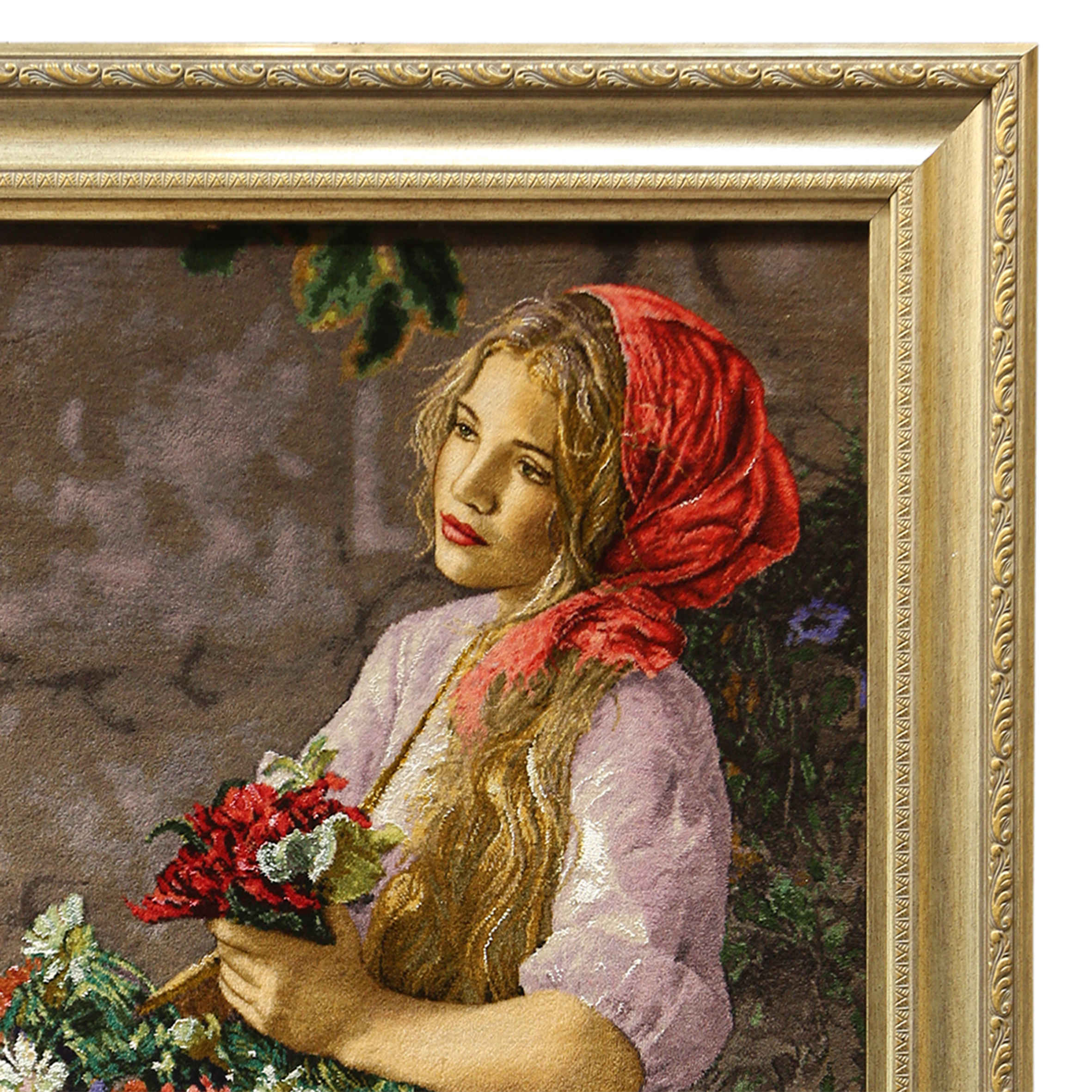 سجادة إيرانية تصويرية محبوكة يدويًا من تبريز تصور الفتاة مع الزهور