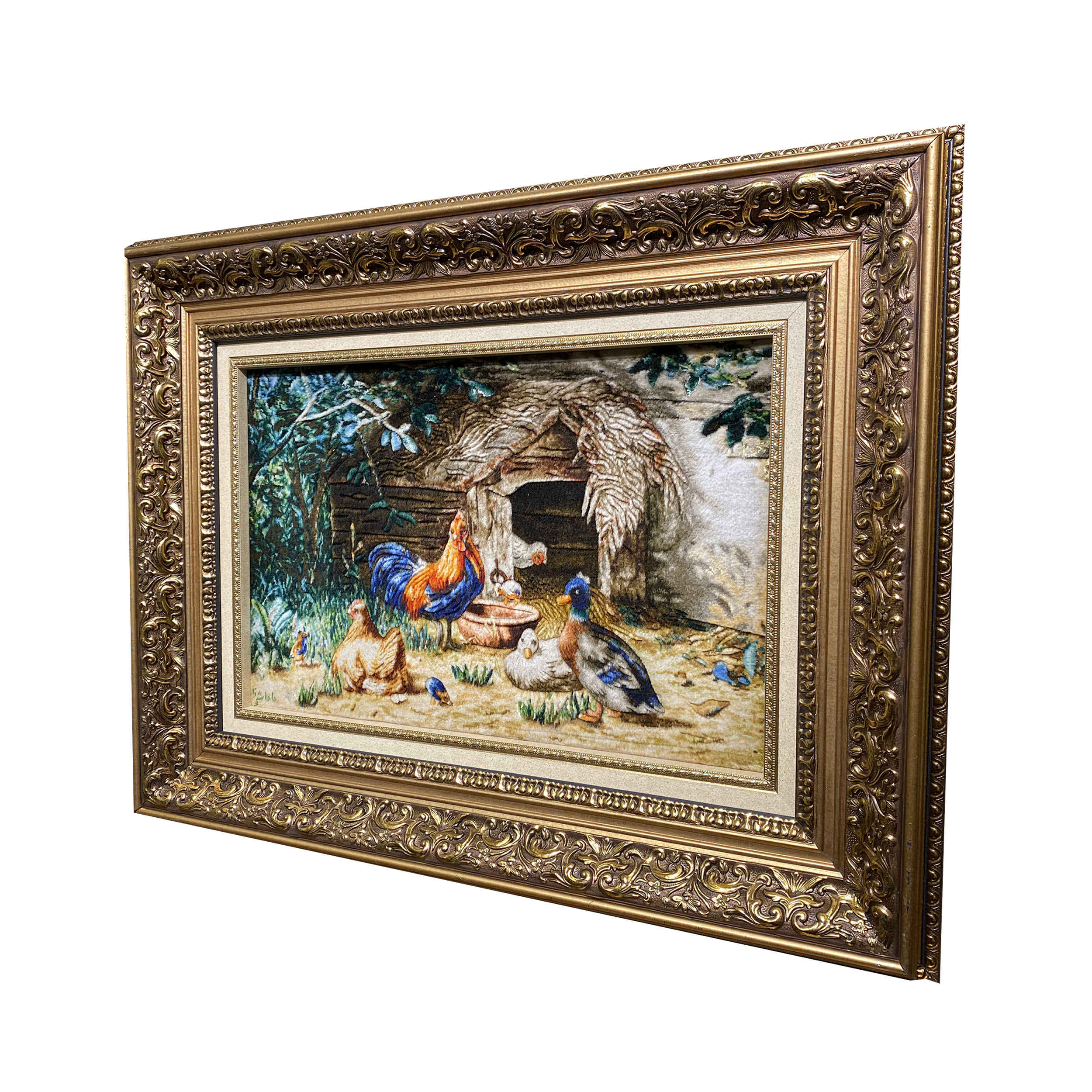 سجادة إيرانية تصويرية محبوكة يدويًا من تبريز تصور الدجاج والبط