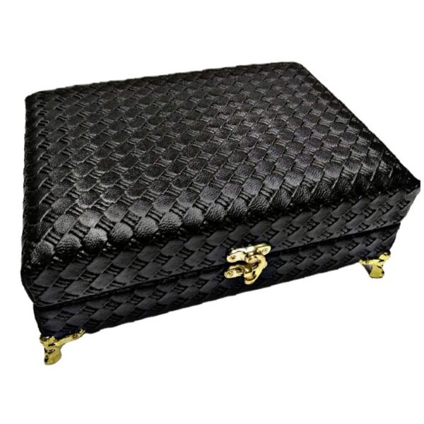 منظم مجموعة الخياطة الخشبي مع تفاصيل من الجلد الصناعي