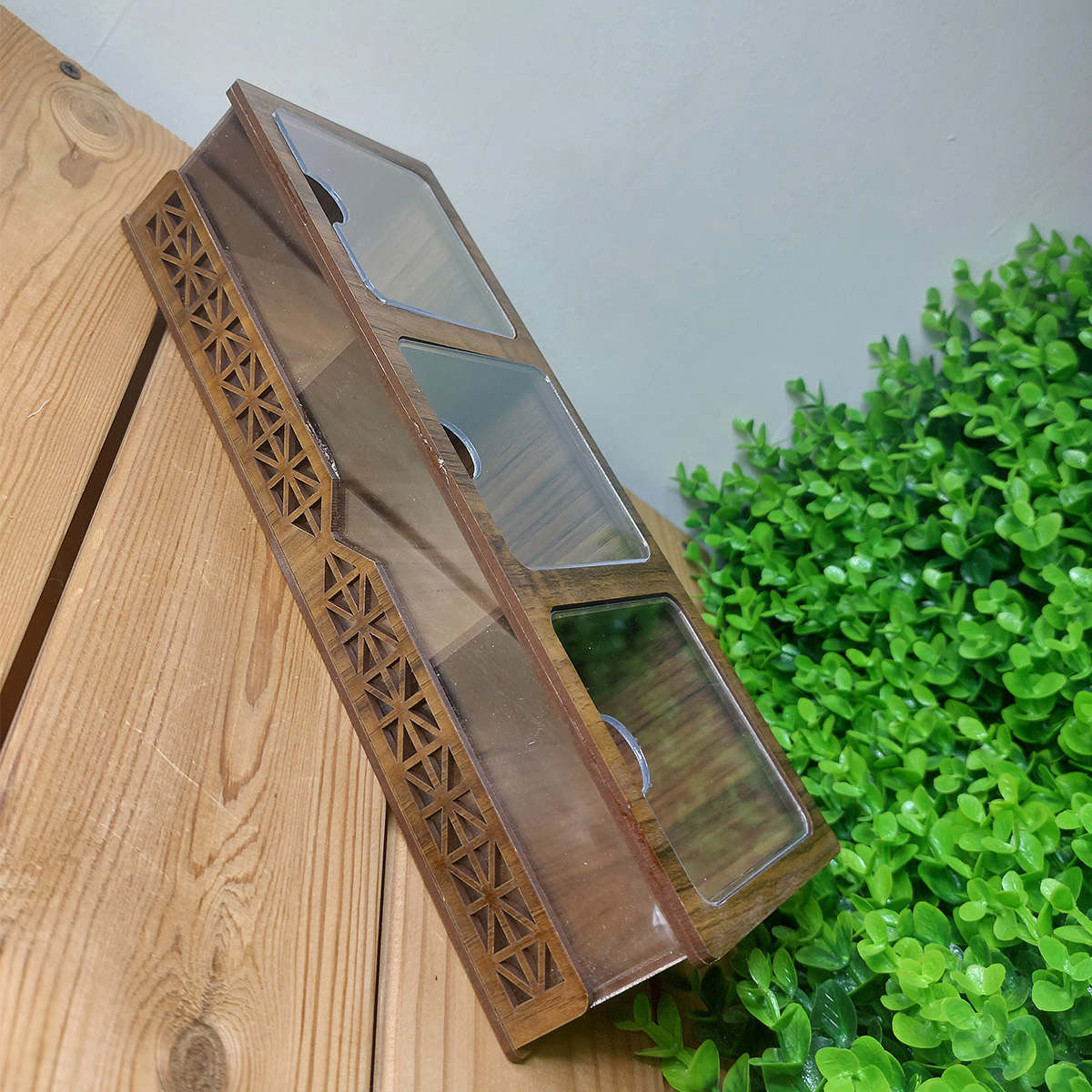 صندوق منظم لأكياس الشاي الخشبية 3-حجرات متعددة الوظائف