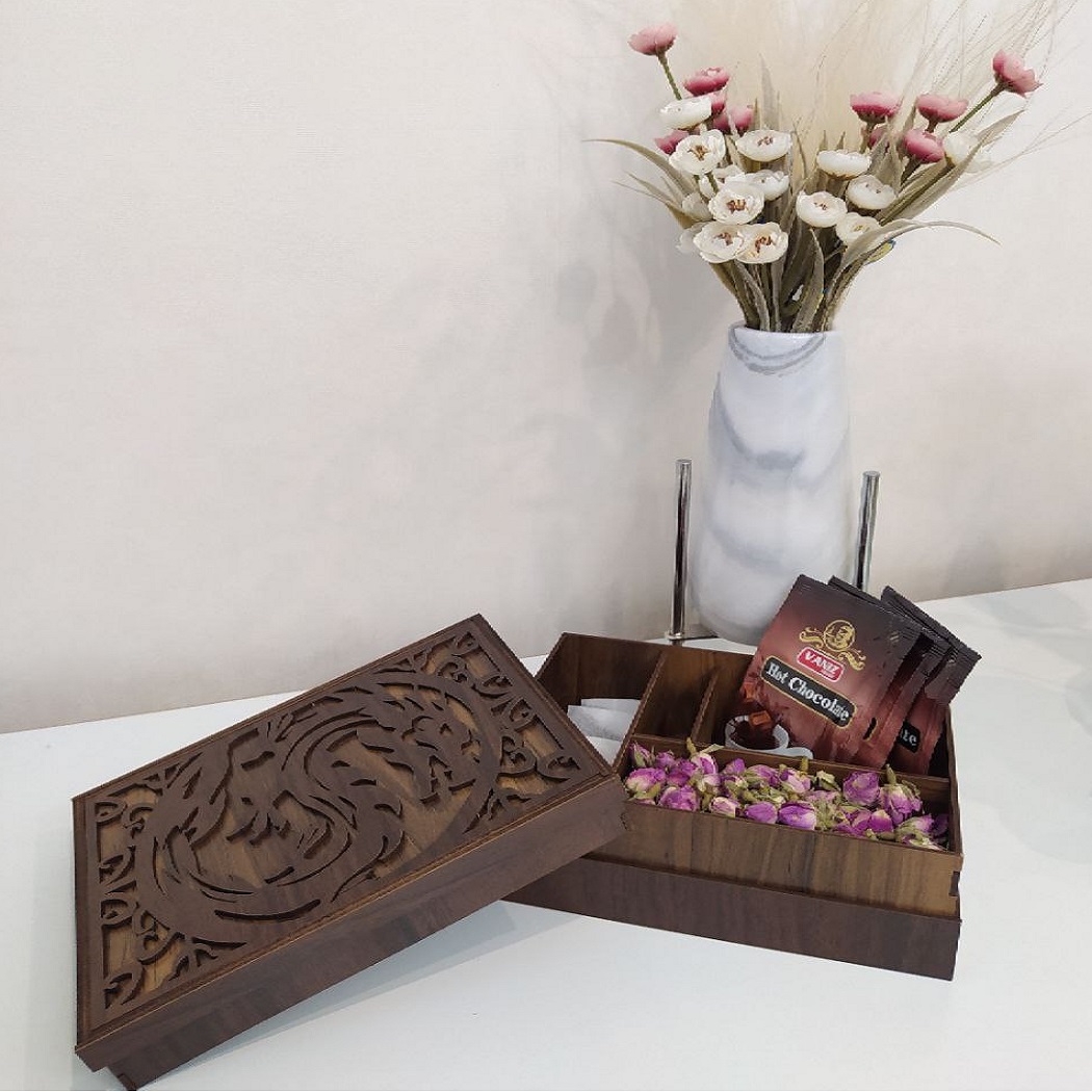 صندوق منظم لأكياس الشاي الخشبية 4-حجرات مع الوقايات