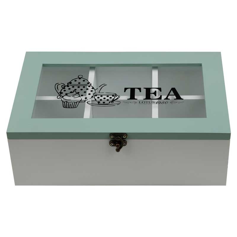 صندوق منظم لأكياس الشاي الخشبية 6-حجرات تركواز وأبيض