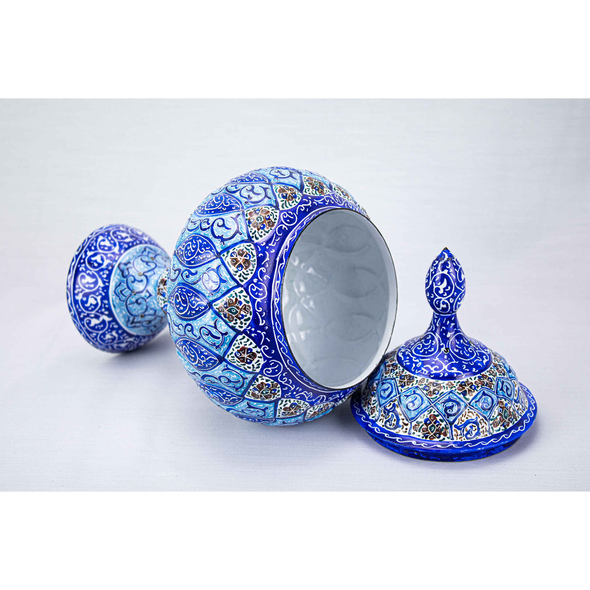 وعاء سكر إيراني نحاسي مصنوع يدويًا بغطاء – ميناكاري