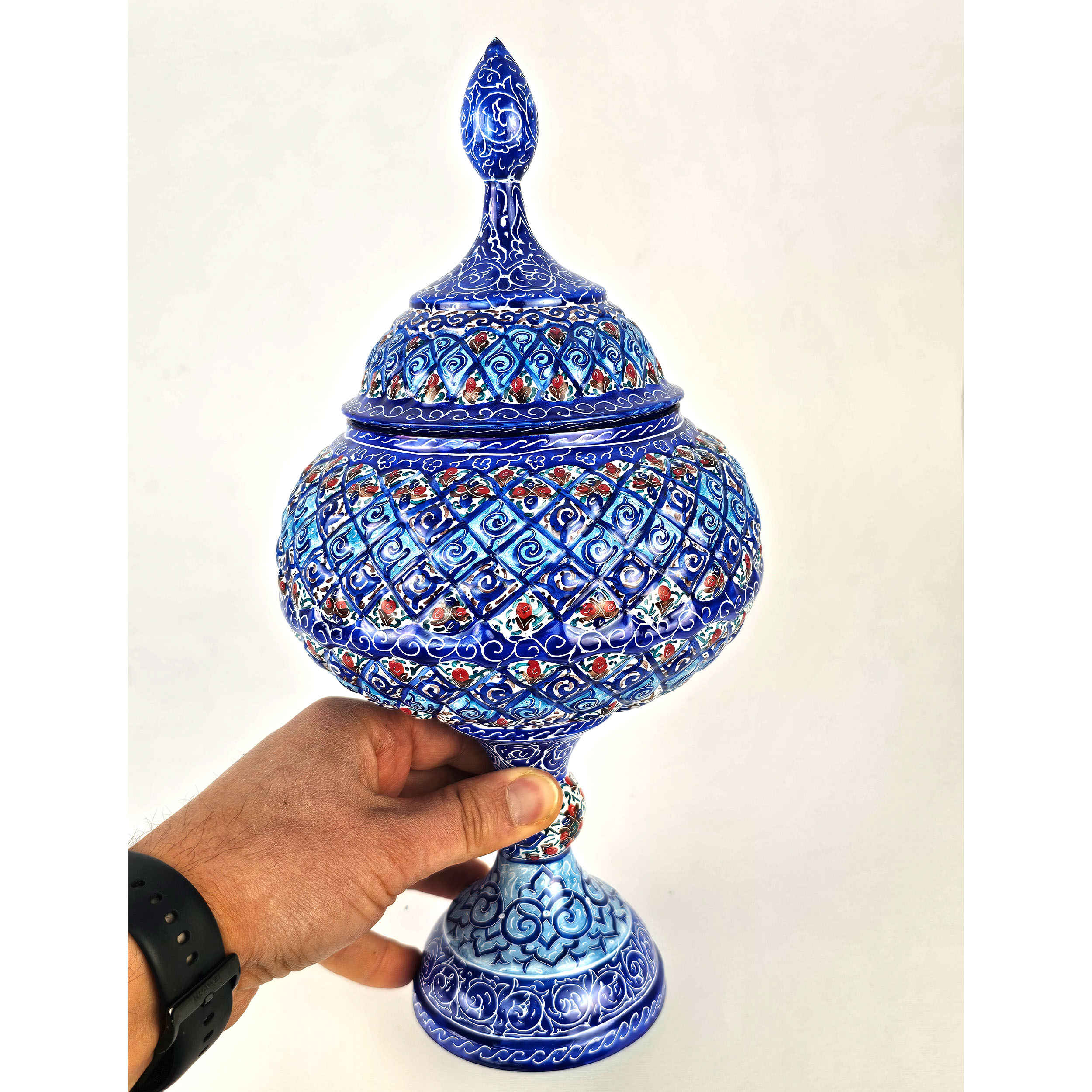 وعاء سكر إيراني نحاسي مصنوع يدويًا بغطاء – ميناكاري إسليمي