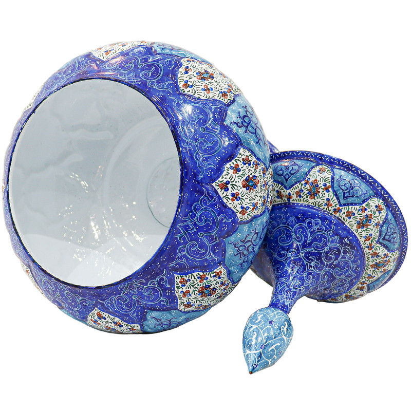 وعاء سكر إيراني نحاسي مصنوع يدويًا بغطاء – ميناكاري أزرق