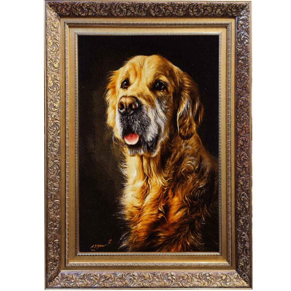 سجادة إيرانية تصويرية محبوكة يدويًا من تبريز تصور الكلب الذهبي