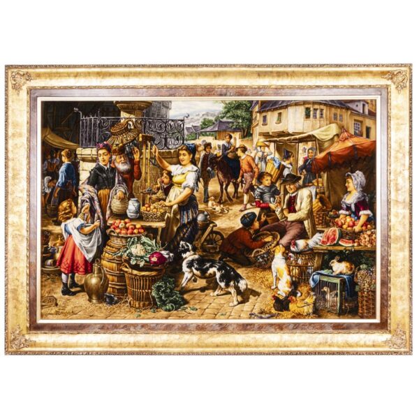 سجادة إيرانية تصويرية محبوكة يدويًا من تبريز تصور مشهد السوق