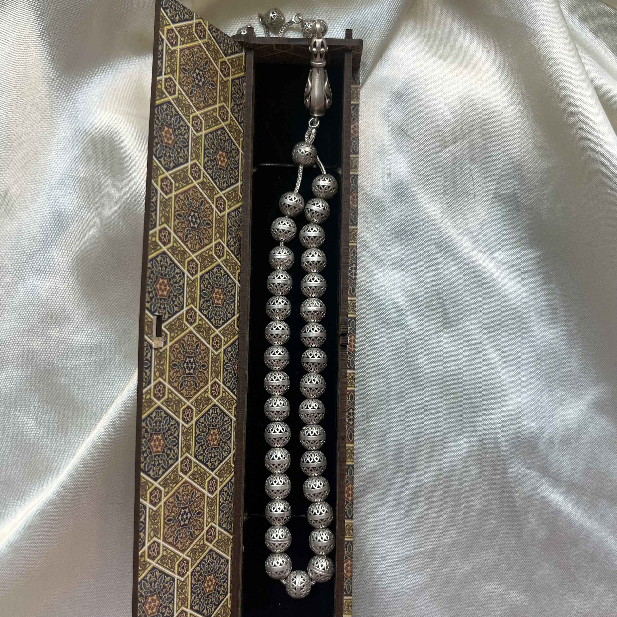 مسبحة فضية إسلامية بـ 33 خرزة للصلاة تسبيح حميد