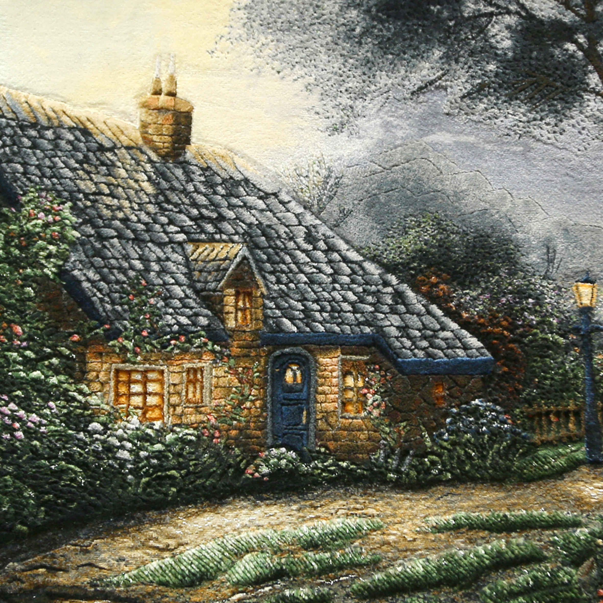 سجادة إيرانية تصويرية محبوكة يدويًا من تبريز تصور توماس كينكيد “كوخ الباقيات”