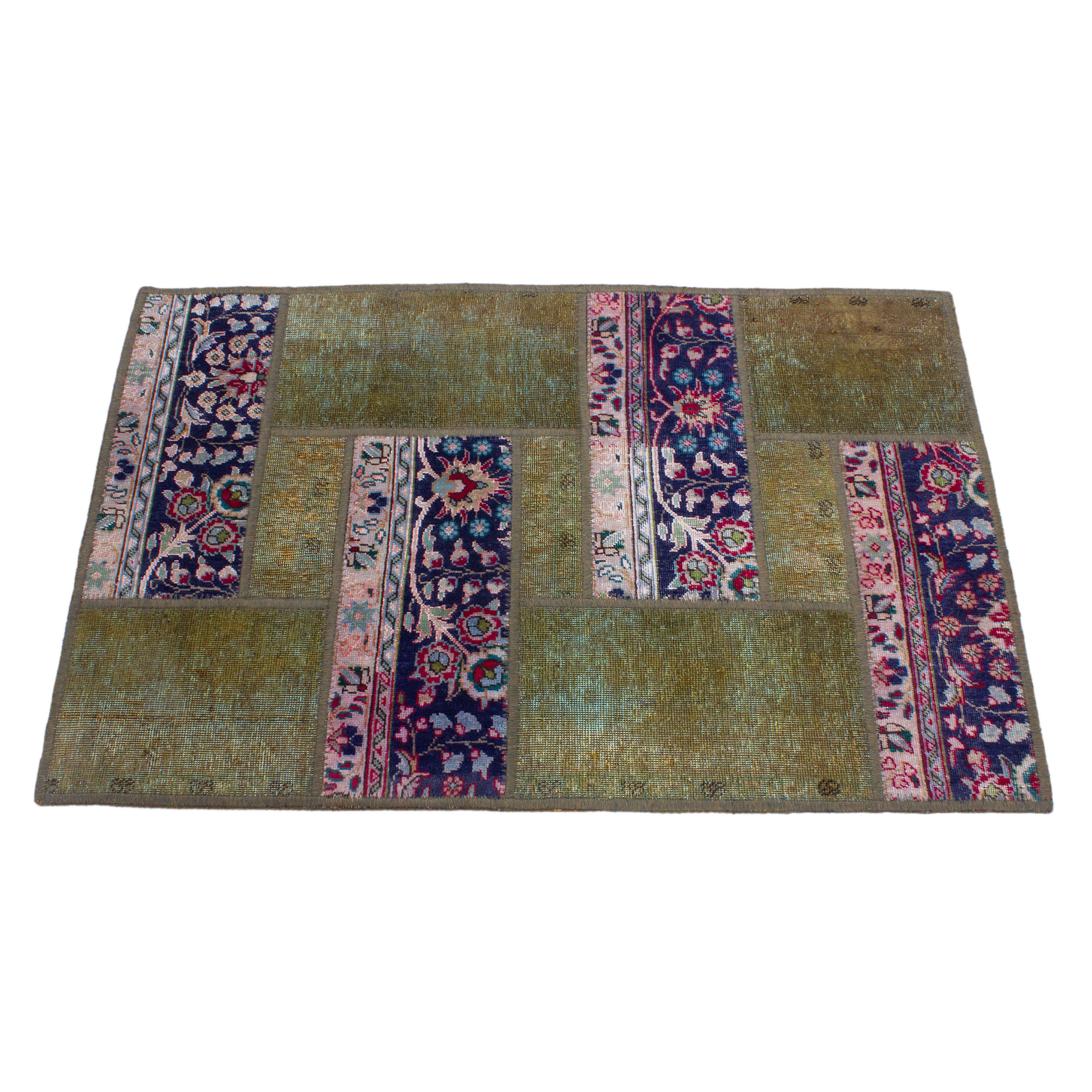 سجادة مرقعة إيرانية قديمة محبوكة يدويًا بنمط هندسي أخضر