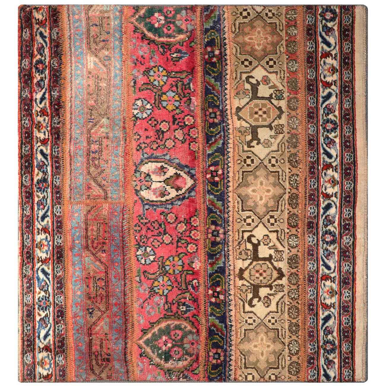 سجادة مرقعة إيرانية قديمة محبوكة يدويًا بنمط مخطط