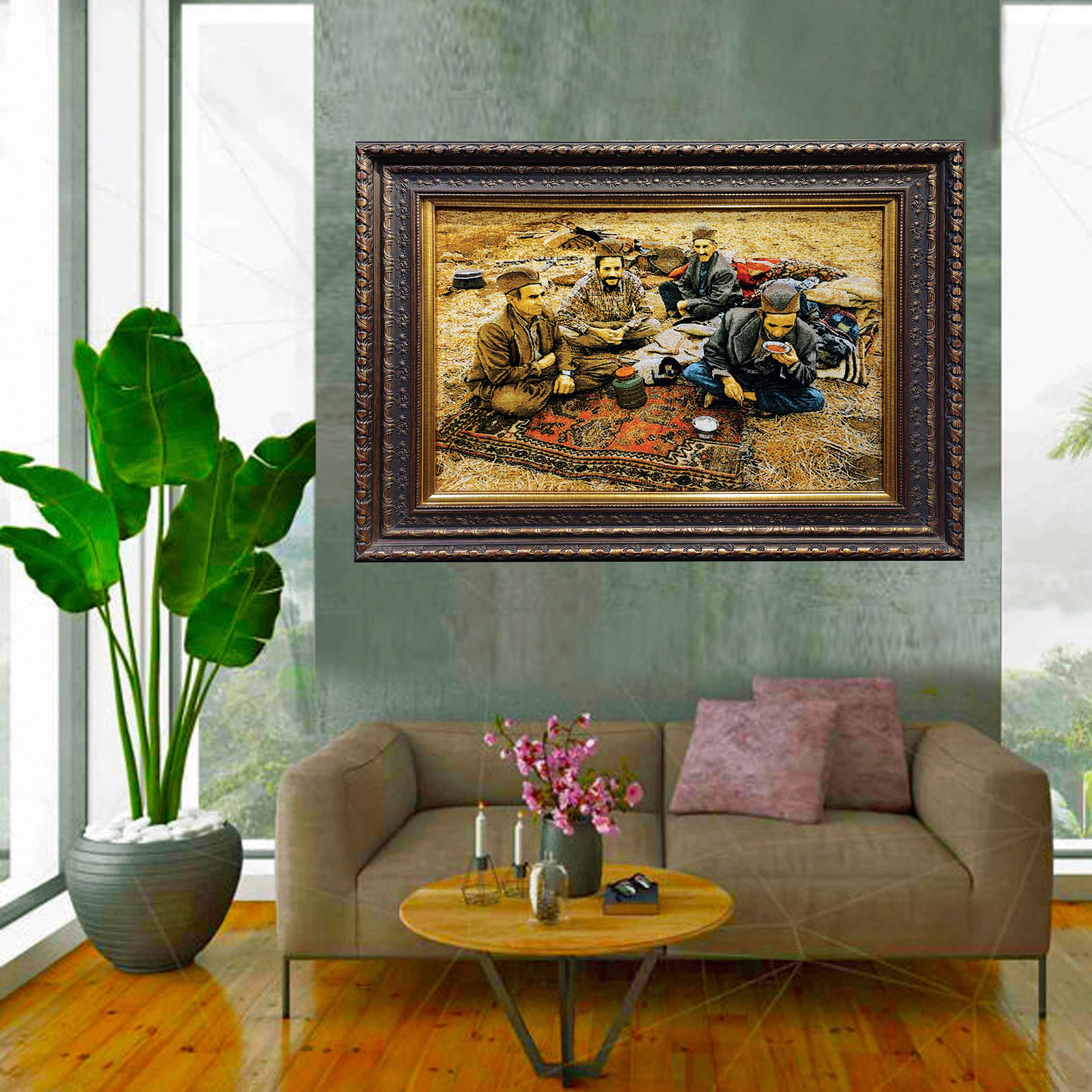 سجادة إيرانية تصويرية محبوكة يدويًا من تبريز تصور الشعب الرحَّال