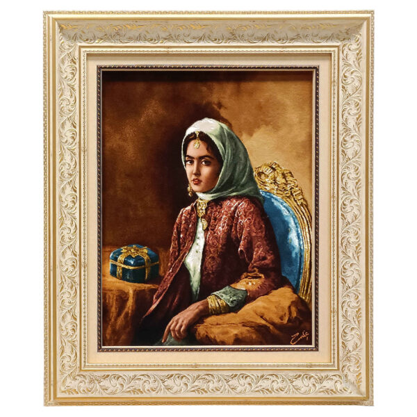 سجادة إيرانية تصويرية محبوكة يدويًا من تبريز تصور امرأة قاجارية