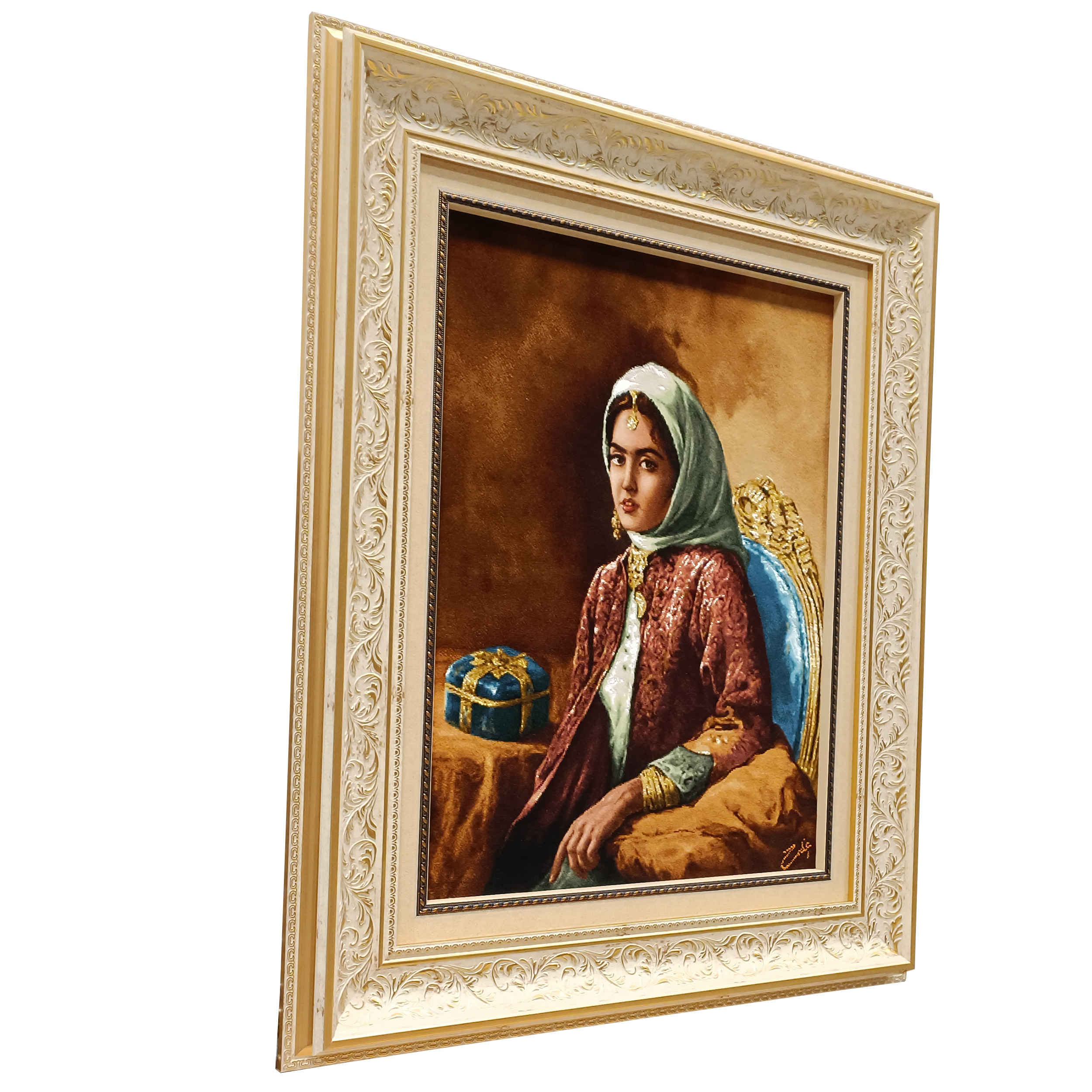 سجادة إيرانية تصويرية محبوكة يدويًا من تبريز تصور امرأة قاجارية