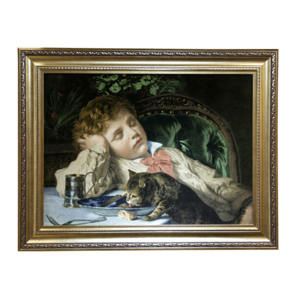 سجادة إيرانية تصويرية محبوكة يدويًا من تبريز تصور صبي نائم مع القطة